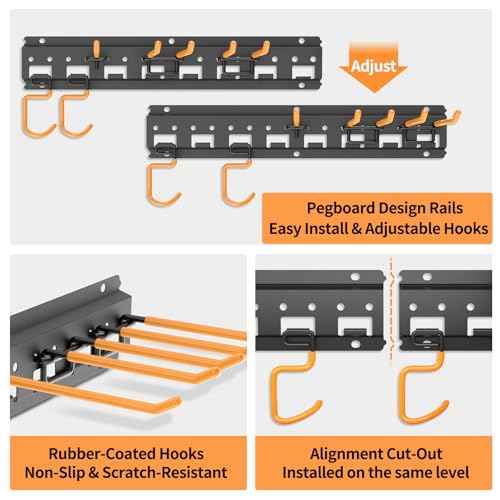 Garden Tool Organizer Wall Mount - Garage Storage and Organization Yard Tool Hanger with Adjustable Pegboard Hooks Shed Rack for Broom Mop Shovel Rake Trimmers, 48 inch Max 550lbs, Black