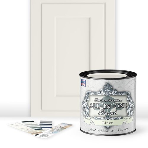 ALL-IN-ONE Paint, Durable cabinet and furniture paint. Built in primer and top coat, no sanding needed. Includes our 30 featured color card - Linen (off-white), Quart