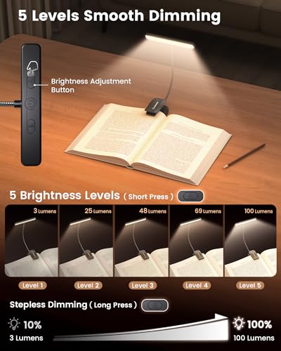 Glocusent Black LED Reading Light for Books in Bed, Bright Shadow-Free Book Light