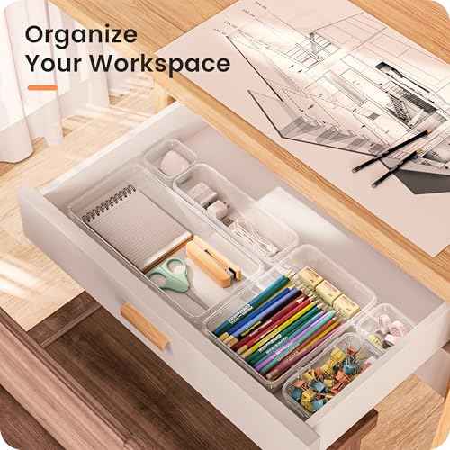 A-LuGei ¡¼Military Grade¡½ Drawer Organizer, ¡¼??????????¡½ Clear Makeup organizer, ¡¼Holds 177 Items¡½ Bathroom Organizers and Storage, Plastic Desk Organizer Divider, Organizer Bins for Office Vanity