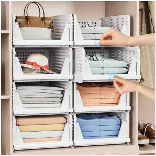 4 Pack Stackable Closet Storage Basket - Stackable Storage Bins, Multifunctional & Foldable Closet Organizer, Wardrobe Cupboard Space-Saving Clothes Storage Hat Organizer, White