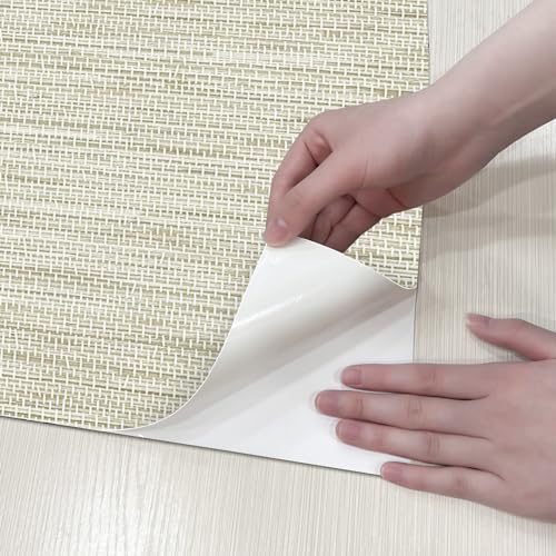 JiffDiff Grasscloth Peel and Stick Wallpaper Cream 17.3"x118" Coastal Farmhouse Decor