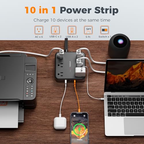 TESSAN 5ft Flat Plug Power Strip Surge Protector with USB-C & USB-A Outlets, Black