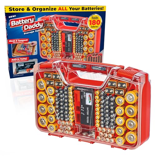 Battery Daddy Red Battery Organizer Case with Tester Holds 180 Batteries