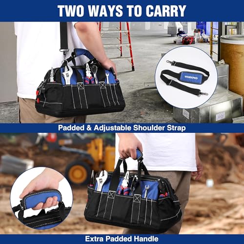 WORKPRO 16-inch Wide Mouth Tool Bag with Water-Proof Molded Base, Blue & Black