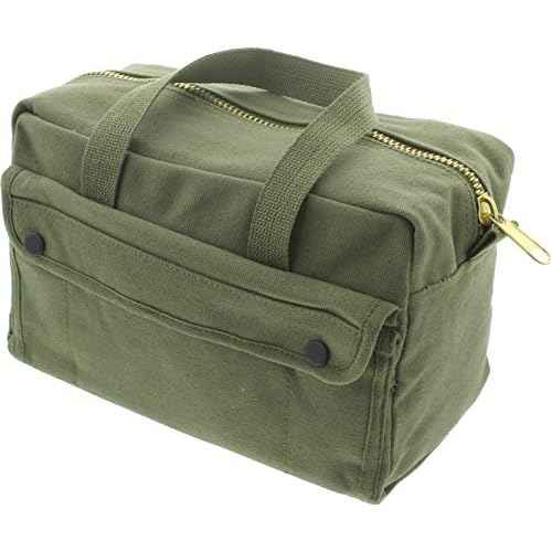 ARMYU Heavy Duty Small Tool Bag Tactical Cotton Canvas Mechanics Bag, 11" x 7" x 6", Olive - Brass Zipper