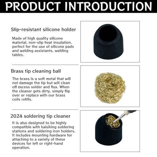 Kaisiking Soldering Iron Tip Cleaner 3Pcs Soft Coiled Brass Tip Cleaner with Silicone Holder Non-slip Solder Tip Cleaners, No Water Needed, Black
