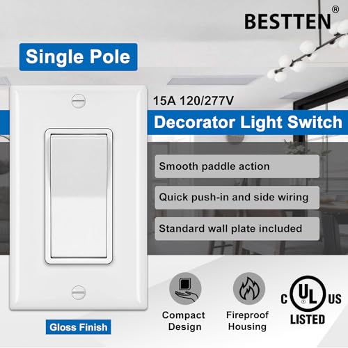 BESTTEN 10 Pack Single Pole Decorator Light Switch with Wallplate - White, 15A 120/277V, Rocker Paddle, On/Off UL Certified