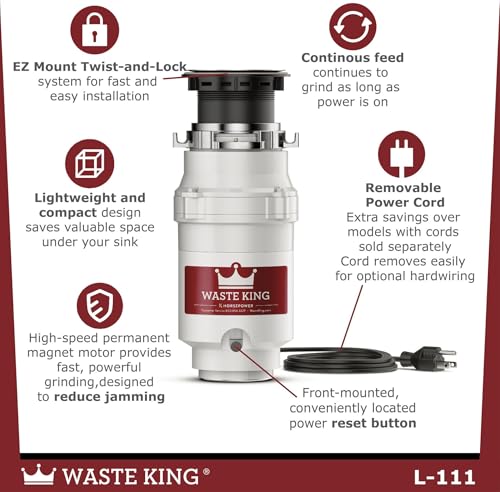 Waste King 1/3 HP Continuous Feed Garbage Disposal with Power Cord, Compact Food Waste Disposer