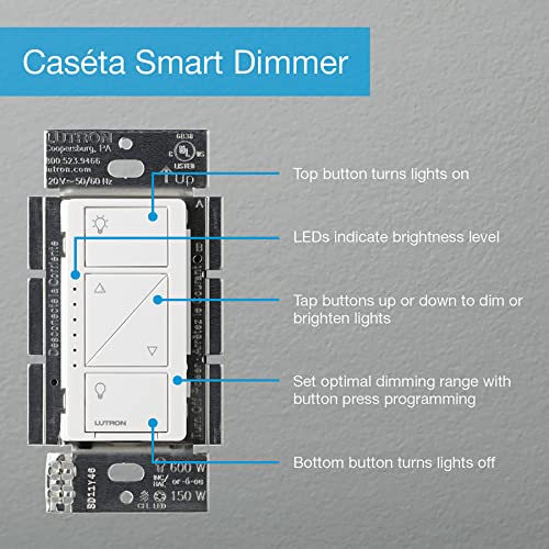 Lutron Caseta Original Smart Dimmer Switch (Lutron Smart Hub Required), for LED Lights, 150 Watt, Single-Pole/3-Way, No Neutral Required, PD-6WCL-WH, White