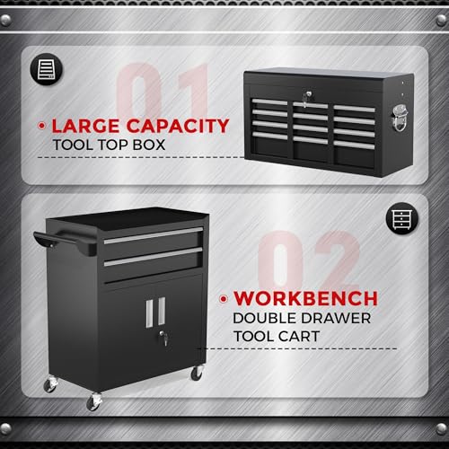 INTERGREAT 8-Drawer Rolling Tool Chest with Wheels, Detachable Top Box, Locking System – Black