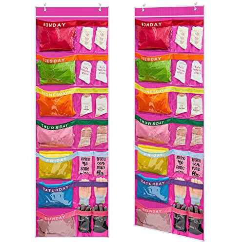 Oudain 2 Pcs Weekly Kids Clothes Organizer 59.5" x 18" Large with 14 Pockets Day of Week School Clothing Storage Monday to Friday Hanging Closet Organizer to Prepare a Week of Your Children(Purple)