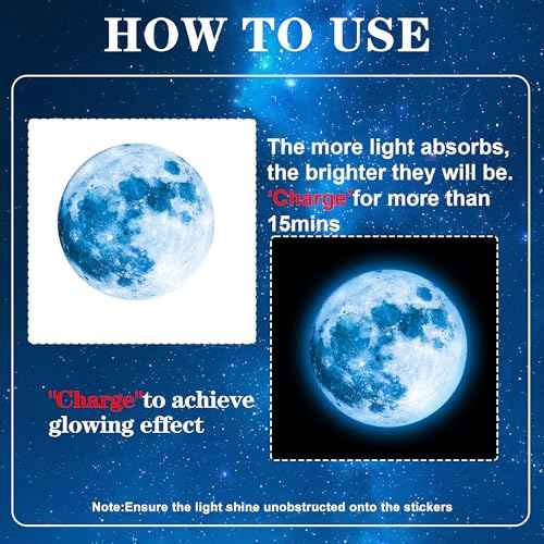 492 Glow in The Dark Stars & Moon Space Galaxy Universe Planet Wall Decals - Blue Glowing Stars Stickers for Kids Bedroom, Nursery & Living Room Decor