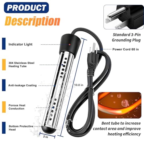 2000W Portable Water Heater with Digital LCD Thermometer for Bath & Camping