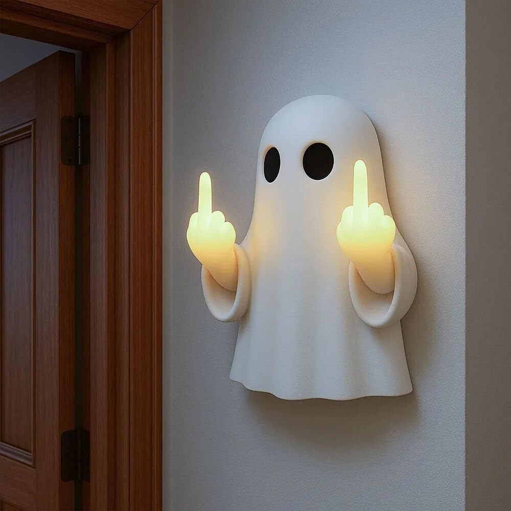 Ghost Middle-Finger LED Lamp, Cute Ghost Statue, Halloween Ghost Decoration, Spooky Middle Finger LED Lights, Cute Halloween Ghost Decor Night Light for Halloween Party Decorations(Medium)