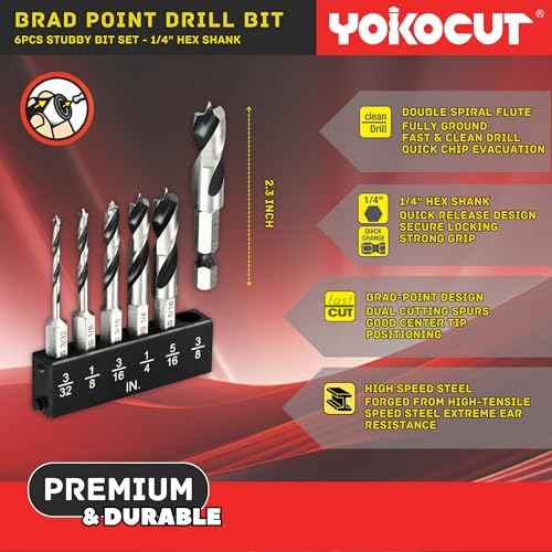 Brad Point Drill Bit Set for Woodworking, Stubby Short Length Drill Bit Set for Wood, 6pcs High Speed Steel with 1/4 Inch Quick Change Hex Shank