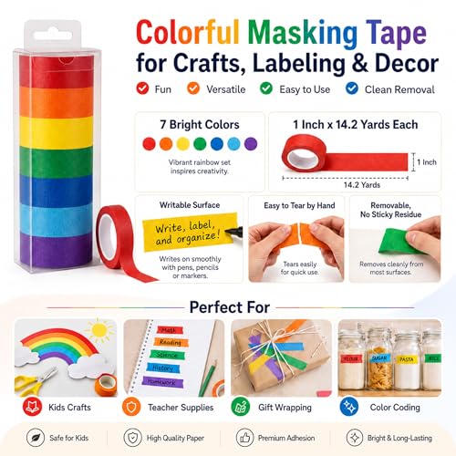 ZFIOPSH 7-Color Masking Tape Set - 1 Inch x 14 Yards, Craft & Labeling Tape