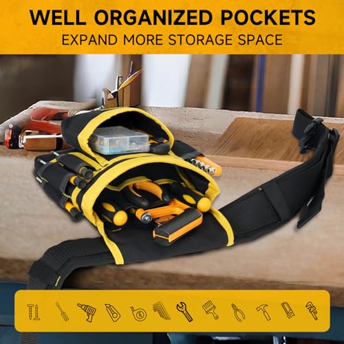 Tool Belt,Magnetic Tool Pouch,27-Pockets Heavy Duty Padded Tool Belts for Men,Detachable & Adjustable Tool Pouch Bag for Electrician,Carpenter,Construction,Work Apron,Utility Belt,Black,Yellow