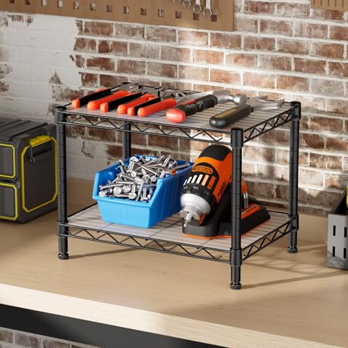 SINGAYE 2-Tier Small Wire Metal Pantry Shelf - Black Under Desk Organizer