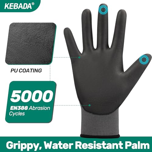 Kebada W1 Safety Work Gloves 12 Pairs - Touchscreen, PU Coated, Large Light Grey