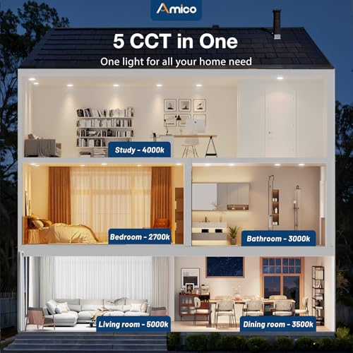 Amico 6 Inch LED Recessed Light Kit 5CCT, 1050LM, Dimmable, Moisture Resistant