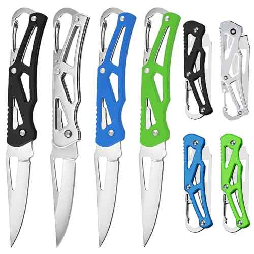 4PCS Folding Knives with Keychain Ring, Compact Stainless Steel Pocket Knives, Small Pocket Knife for Outdoor, Camping, Survival, and Everyday Carry (Black, Silver, Blue, Green)