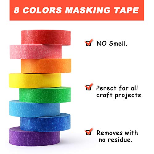 Hutou Bright Rainbow Colored Masking Tape - 8 Rolls, 0.6 Inch x 16 Yard, Waterproof & Removable