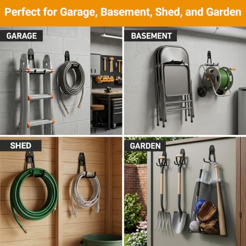 CRXCRC Black Large Square Garage Wall Hooks 4 Pack - Heavy Duty Ladder & Tool Hangers