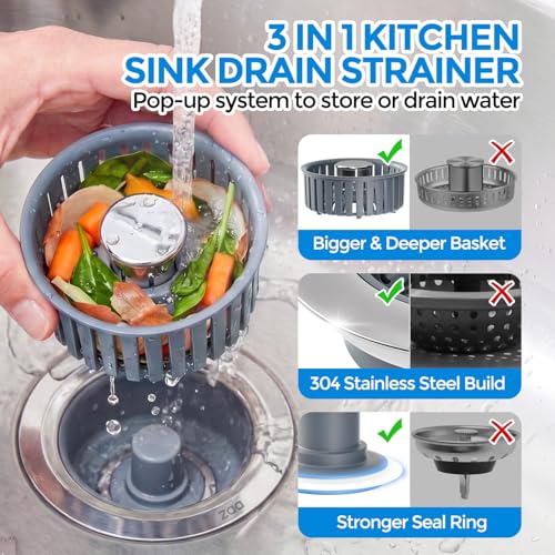 ZAa 3-in-1 Silver Kitchen Sink Drain Strainer Stopper with Removable Basket