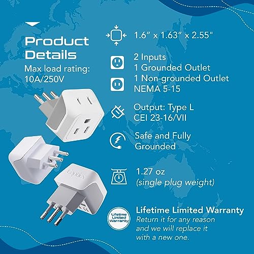 Ceptics Italy Travel Plug Adapter White Silver - 3 Pack, Grounded Type L for Cell Phones, Laptops, Chargers