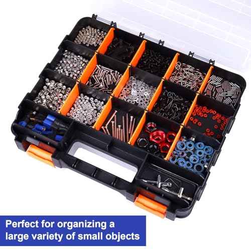 Small Parts Organizer Double Sided Parts Organizer with Removable Dividers 34-Compartments Storage Bins for Hardware, Screws, Nuts, Bolts, Washers, Nails, Fasteners, Tools