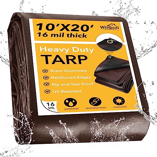 Winpull 10x20FT Heavy Duty Waterproof Tarp Brown/Black 16mil UV Resistant Outdoor Cover