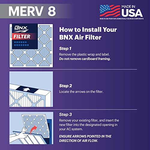 BNX 20x25x1 MERV 8 Air Filter Pack of 6 - Made in USA, Dust & Pet Defense