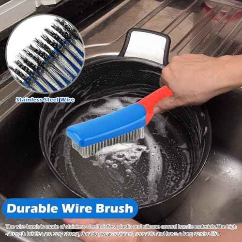 2 Pack Steel Brush for Cleaning-Heavy Duty Stainless Steel Wire Brush for Metal Rust Cleaning,Paint Scrubbing with Rubber Covered Handle
