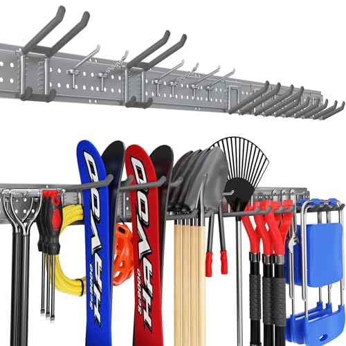 Garage Tool Organizer Wall Mount 64 inches with 13 Adjustable Heavy-Duty Hooks, Garage Organization, Garden Tool Storage Rack, Yard, and Shed, Holds Up to 520 lbs (Grey)