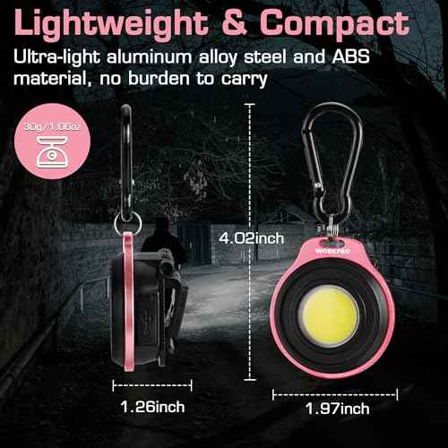 WORKPRO COB Keychain Work Light, Rechargeable Magnetic Keychain Flashlight, Mini Pocket Carabiner Flashlight with Hat Clip, 3 Light Modes Emergency Light for Camping, Hiking and Fishing, Pink Ribbon