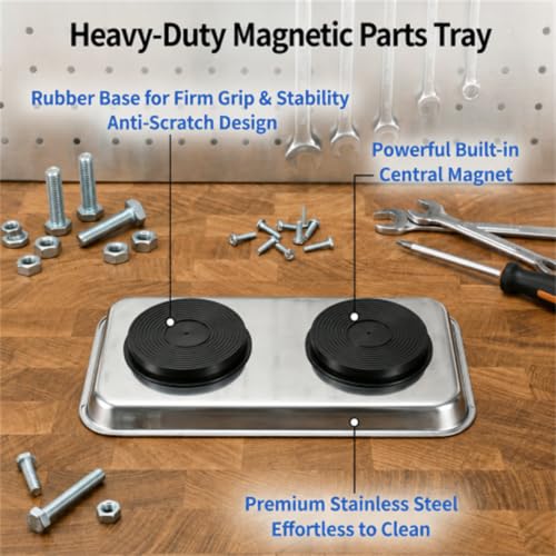 Okllen 6-Piece Magnetic Parts Tray Set - Stainless Steel, Heavy-Duty 9.5" x 5.5" & 4.25" Round