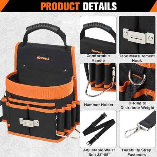 Tool Belt Pouches, 22 Pockets Electrician Tool Pouch with Hammer Loops and Tape Clip, Detachable & Adjustable Single Side Belt Tool Pouch for HVAC Craftsman Contractor Electricians Carpenter