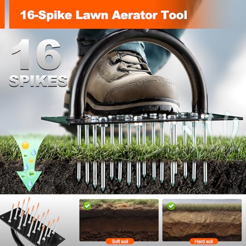 Bluesea Lawn Aerator with 16 Steel Spikes & Orange T-Handle - Heavy Duty