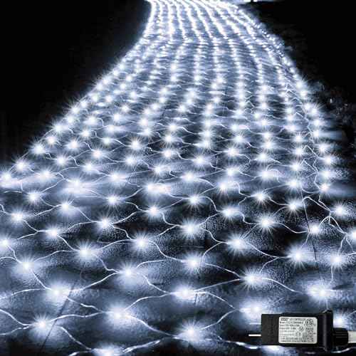 610 LED Christmas Net Lights, 34.5ft x 5ft Mesh Lights Outdoor with Timer & 8 Lighting Modes Clear Wire, Waterproof Connectable String Lights for Bushes Xmas Tree Garden Holiday Party - White