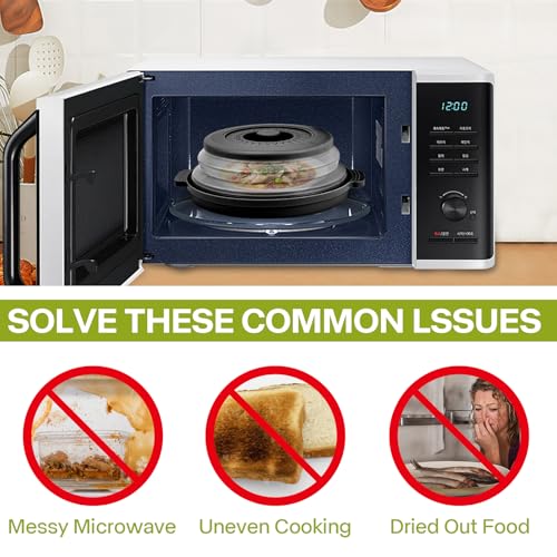 Saebume 10.7 Inch Microwave Splatter Cover with Anti-Scald Base Plate - Foldable BPA-Free Plastic & Silicone Lid (Black)