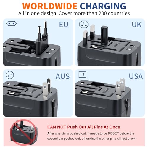 NEWVANGA Black Universal Travel Adapter with USB-C & USB-A Fast Charging