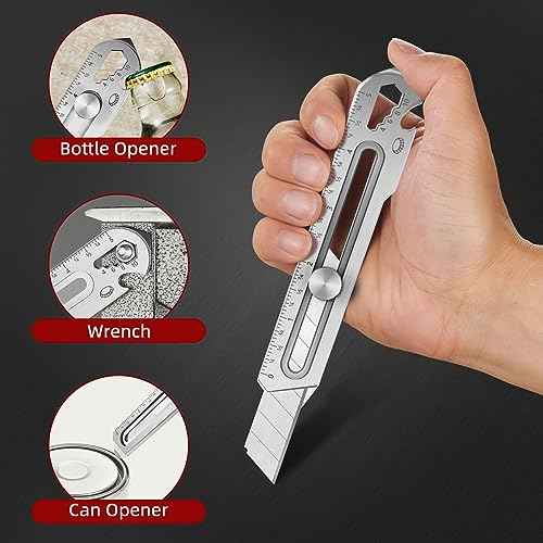 BECOWIN 7-In-1 Mutipurpose Utility Knife, Stainless Steel Retractable Box Cutter, Heavy Duty Snap off Cutter Knife with 10PC 18MM SK5 Blades, Safety Lock Design