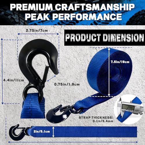 Blue Boat Winch Strap with Hook 2"x20ft 18,000lb Heavy Duty Marine Towing