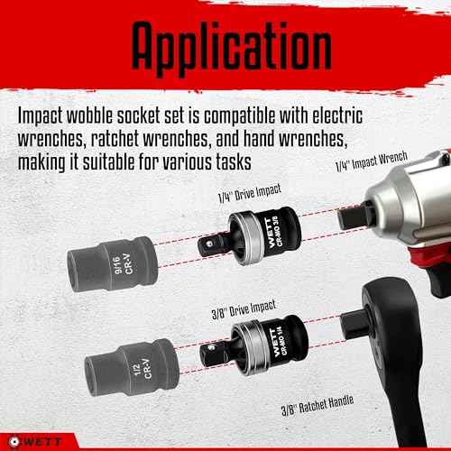 WETT 3-Piece Impact Universal Joint Set, 1/2", 3/8" and 1/4" Drive Socket Swivel Adapter Set, Impact Grade Wobble Sockets, U-Joint Sockets, CR-MO Steel