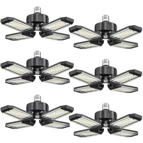 LED Garage Lights 6 Pack - 120W Garage Lights Ceiling LED 12000LM with 4+1 Adjustable Panels, Shop Lighting 6500K Screw in E26 E27 Socket, for Workshop Shop Barn Basement Bay