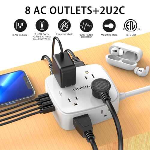 YISHU White 6Ft Surge Protector Power Strip with 8 Outlets & 4 USB Ports