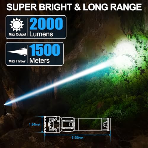 Banral Black Rechargeable Tactical Flashlight 2000 Lumens, Long Range Focus