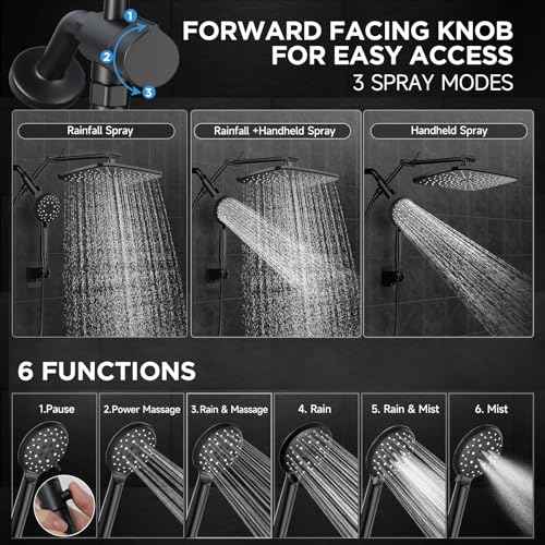 Veken 11.8'' Rain Black Shower Head with Handheld Spray Combo, Extension Arm for Rainfall showerhead, Muti-modes Massage High Pressure Hand Held Shower Heads with Hose, Anti-Clog Nozzles & Bathroom