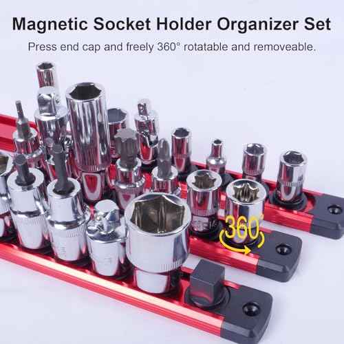 Magnetic Socket Holder Organizer Set:3/8-Inch Drive Socket Trays Socket, 360¡Æ Swivel 14 Clips Socket Holder Kit, For Automotive Mechanic Garage (Red)